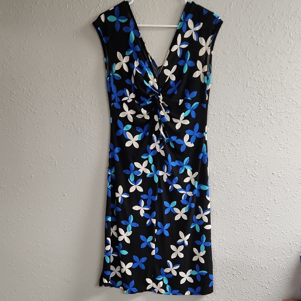 Elegant Floral Midi Dress - Black, Blue, and White